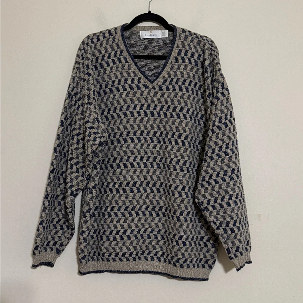 Vintage Bill Blass V-Neck knit Sweater Blue Gray checkered men L grandpa Y2K